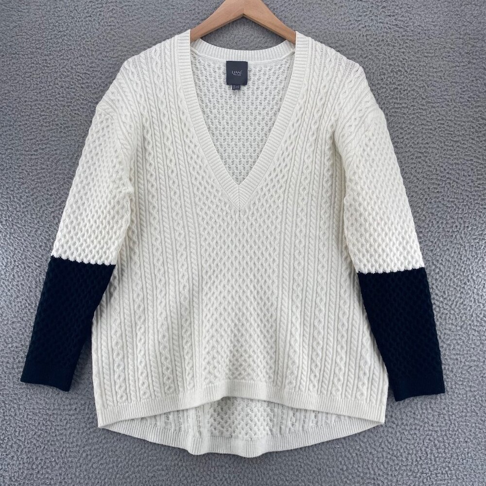 Lysse Sweater Womens Large White Black Colorblock Cable Knit V Neck Stretch Soft